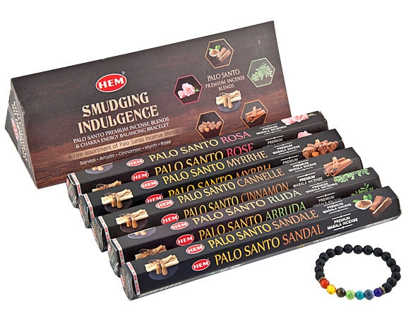 Hem Palo Santo Premium Incense blends & Chakras Energy Balancing Bracelet Gift Set - (5 Packs Per Box)